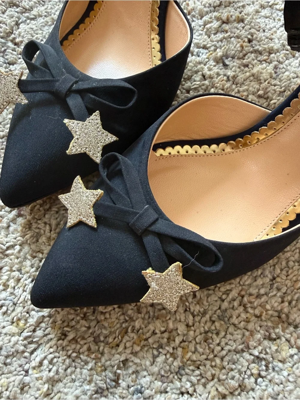Charlotte Olympia Black Pointed-Toe Ankle-Strap Heels with Gold Star Accents